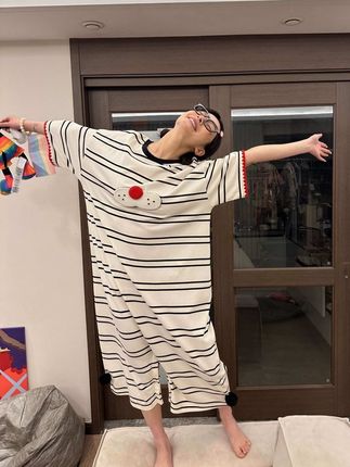 甜美可爱少女条纹酷猫连体睡衣女夏季韩版风短袖睡裙家居服#条纹短袖连体睡裙#连体睡裙#睡裙#条纹睡裙#短袖连体睡裙