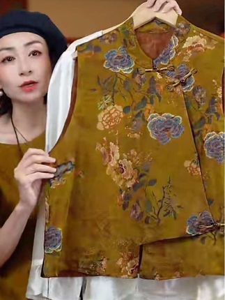 长乐词《非遗美学》1643复古风中式盘扣立领印花显瘦上衣#新款 #香云纱 #复古穿搭 #上衣 #马甲