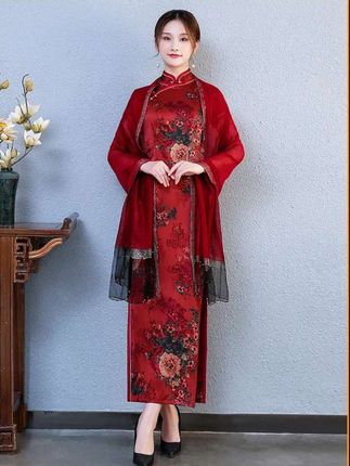 红色喜庆妈妈婚宴旗袍,披肩长款围巾外披薄款外搭纱巾夏桑蚕丝丝巾#原创设计 #高贵典雅