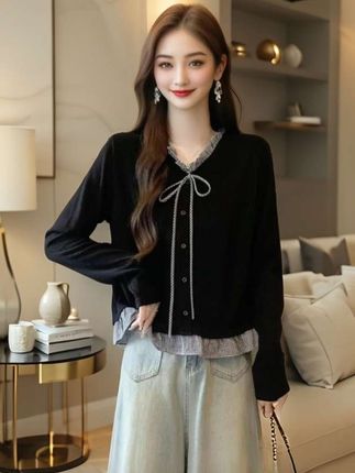 大码假两件木耳边格子拼接V领针织衫女春秋胖MM百搭显瘦长袖上衣#秋日穿搭#大码女装#这个秋天要穿出美