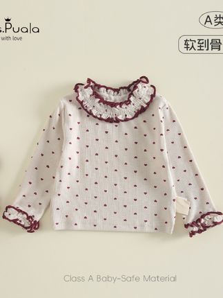 女童长袖T恤满印爱心花边领套头打底衫#高品质童装 #打底衫##长袖t恤 #萌娃穿搭 #内搭外穿都好看