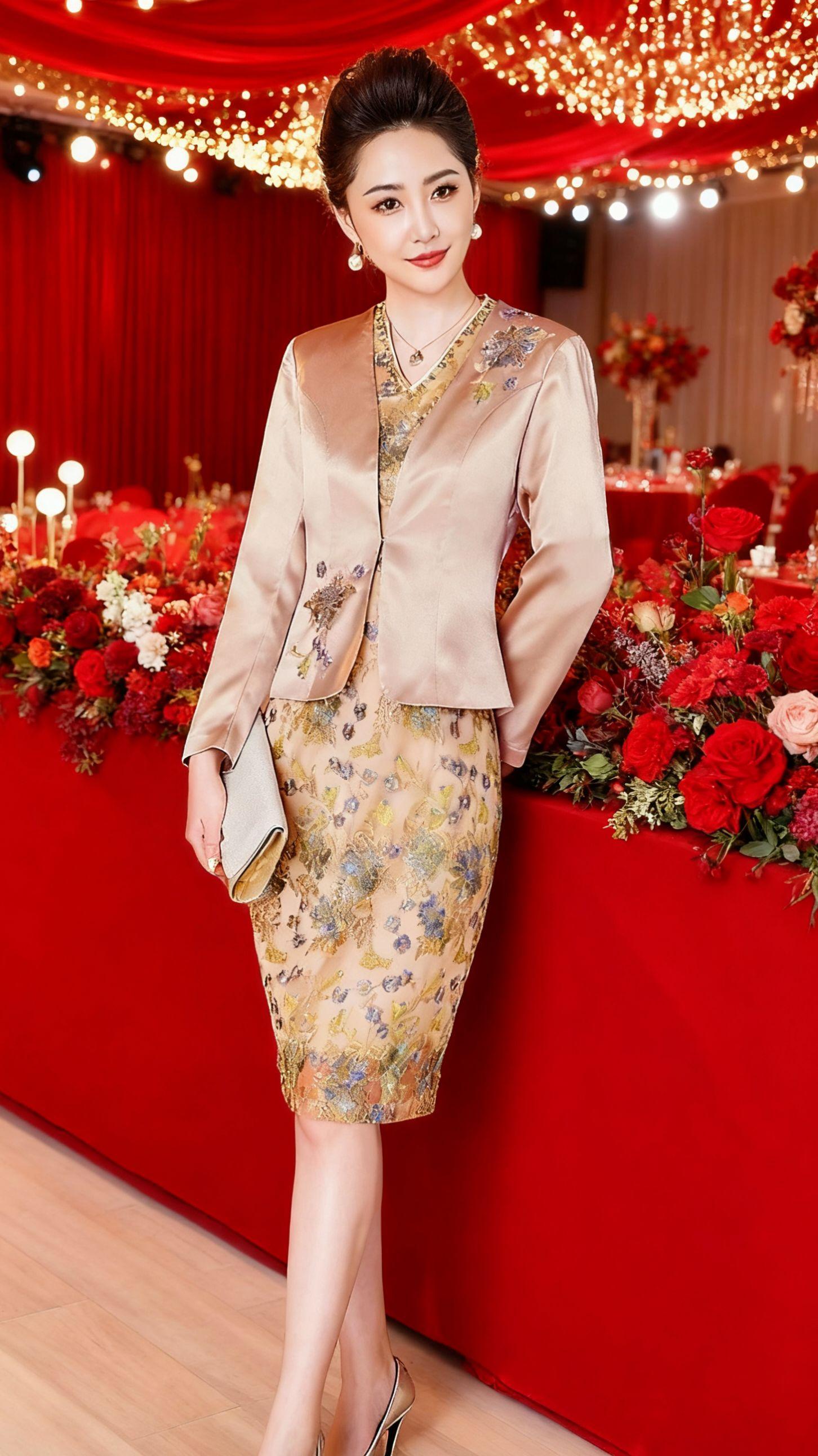 重工刺绣精致温婉优雅时尚旗袍礼服。这套经典香槟金礼服,是丈母娘、喜婆婆婚宴亮相的洋气之选。礼服采用精致刺绣工艺,香槟金底色搭配灵动花纹,尽显华贵典雅。旗袍式立领设计复古韵味十足,短袖款清爽又显年轻。外搭同色系缎面小西装,一衣两穿,可端庄可时尚。 面料质感上乘,刺绣细节精美绝伦,将传统工艺与现代审美完美融合。无论是婚宴上的隆重时刻,还是各类喜庆场合,它都能让你优雅出众,既展现成熟女性的温婉大气,又透着减龄的时尚感,是品质与格调兼具的婚宴礼服佳选,让你在重要场合绽放独特魅力。#婚庆礼服#宴会礼服#喜婆婆喜妈妈 #国庆出游穿搭 #高级感穿搭