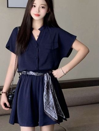 2025新款大码夏装时尚丝巾装饰V领上衣短裤阔腿裤显瘦套装#显瘦套装#夏季套装 #大码女装 #遮肉显瘦穿搭 #夏季穿搭