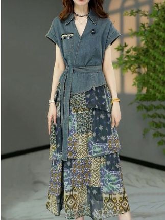 法式牛仔植物花卉连衣裙女2025夏季新款时尚洋气收腰显瘦A字裙#法式风格 #连衣裙穿搭 #夏季必备