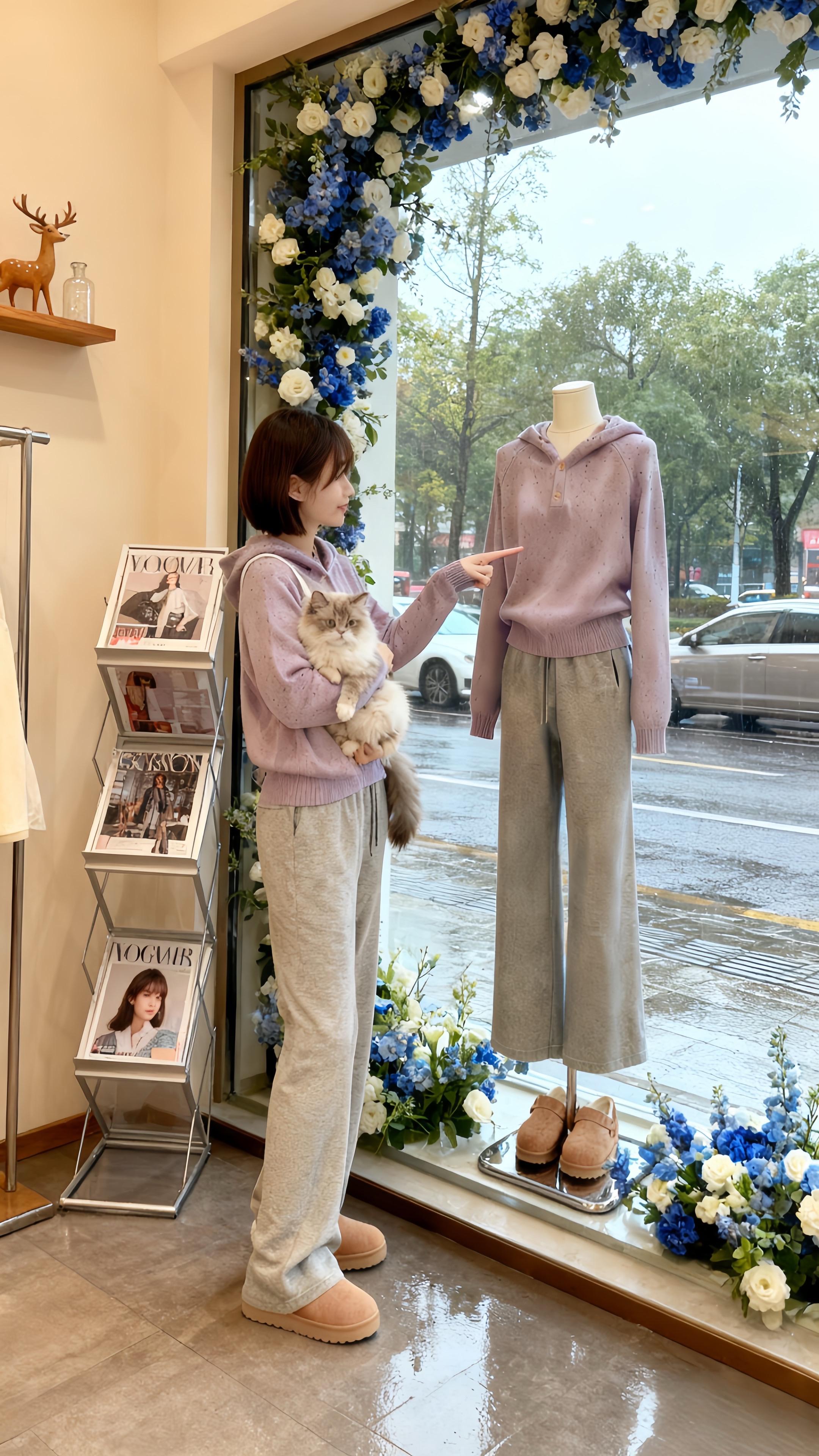 《秋雨与时尚的邂逅》 秋雨缠绵,时尚店内暖意融融。苏晴抱着花束,站在同款穿搭的模特旁,浅紫毛衣衬得她笑容明媚。橱窗上的玫瑰花环红艳艳,灰猫蜷在粉色花束边打盹,窗外黄叶被雨水洗得透亮。 她指尖抚过毛球包,忽然觉得,这家店就像个魔法匣,把秋日的诗意、穿搭的巧思,还有此刻的温柔,都悄悄藏在了每一处细节里,等着每个懂它的人来开启。#韩系穿搭 #针织衫 #早秋穿搭三分钟出门不是梦 #秋天的第一杯琥珀流光 #秋天变时髦就从韩系穿搭开始