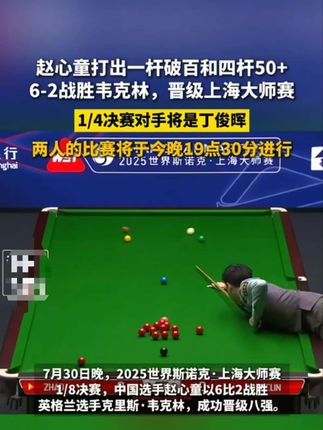 实在太准了!赵心童打出三杆破百,两杆50+,大比分6-1战胜丁俊晖 ,晋级四强#赵心童6:1淘汰丁俊晖!#赵心童6比1战胜丁俊晖 #赵心童上海大师赛晋级四强 #斯诺克 #中国人的规矩 好书推荐 规矩礼节