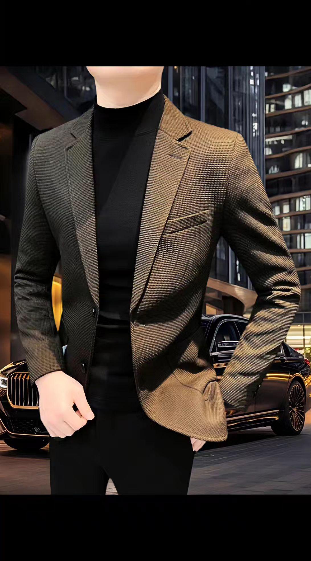 华夫格西服外套男士秋冬成熟痞帅男装时尚潮流修身商务休闲小西装