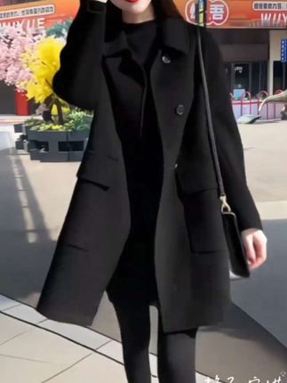 复合加厚秋冬纯色大码女装韩版宽松中长款毛呢外套女显瘦呢子大衣#穿搭搭配 #现代风格 #气质女装外套 #时尚潮流女装外套 #时尚潮流女装大衣