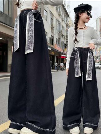 女童秋装牛仔裤2025新款中大儿童韩版时髦直筒裤子女孩洋气秋季学生阔腿裤#显高显瘦显腿长 #女童穿搭 #童装 #女童裤子 #牛仔裤