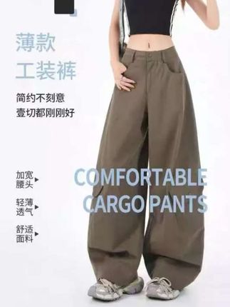 正版时尚潮流绿色工装裤女秋季美式辣妹休闲宽松百搭阔腿拖地裤子#工装裤 #宽松裤子 #阔腿裤 #拖地裤 #百搭裤子