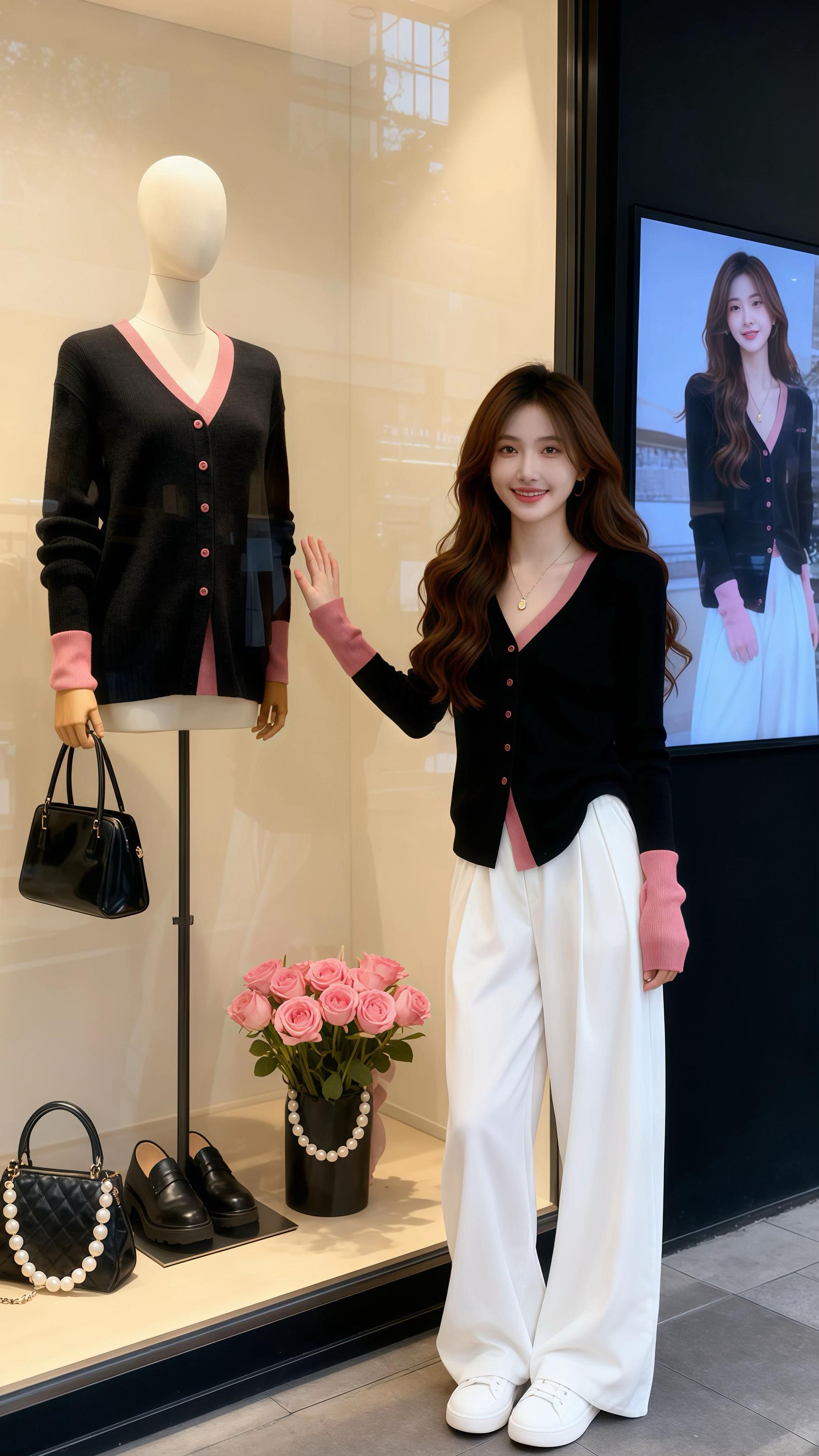 她指尖碰上衣摆时,才觉这开衫的妙处——黑底织纹细密得像揉皱的丝绒,V领那圈粉是揉碎的晚樱色,顺着襟口垂成窄窄一条。五颗粉扣嵌在黑绒里,像落了半捧樱花在夜雾里。袖口是同色粉针织,罗纹织法裹住手腕时,软得像碰了团云。  衣摆是微弧的,垂在白裤上恰好遮了腰线的软,抬手时露出的内搭粉边,又把冷调的黑衬得温软。连领口那枚细链,都像为这粉黑配的注脚——是把春日的柔,缝进了秋装的静里。#大码女装#针织上衣#韩系穿搭主理人已上线 #双11红人上新必买清单 #高级感穿搭 @抖加🔥上热门🔥dou+🔥热点宝 @DOU+上热门