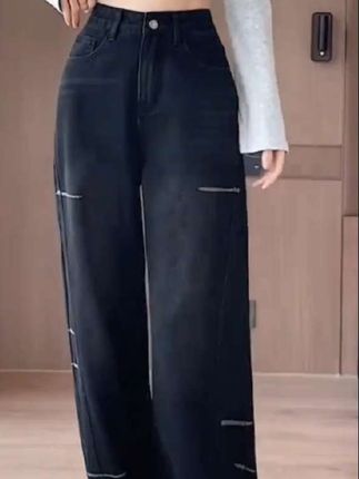 2025年新款高街阔腿牛仔裤女春秋季磨毛设计感显瘦显高直筒拖地裤