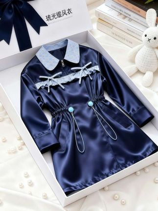 【现货】DollyAve 「黑标系列」MIU系琉光缎格纹收腰女童秋款风衣#琉光缎风衣 #秋季风衣 #高品质童装 #女童穿搭