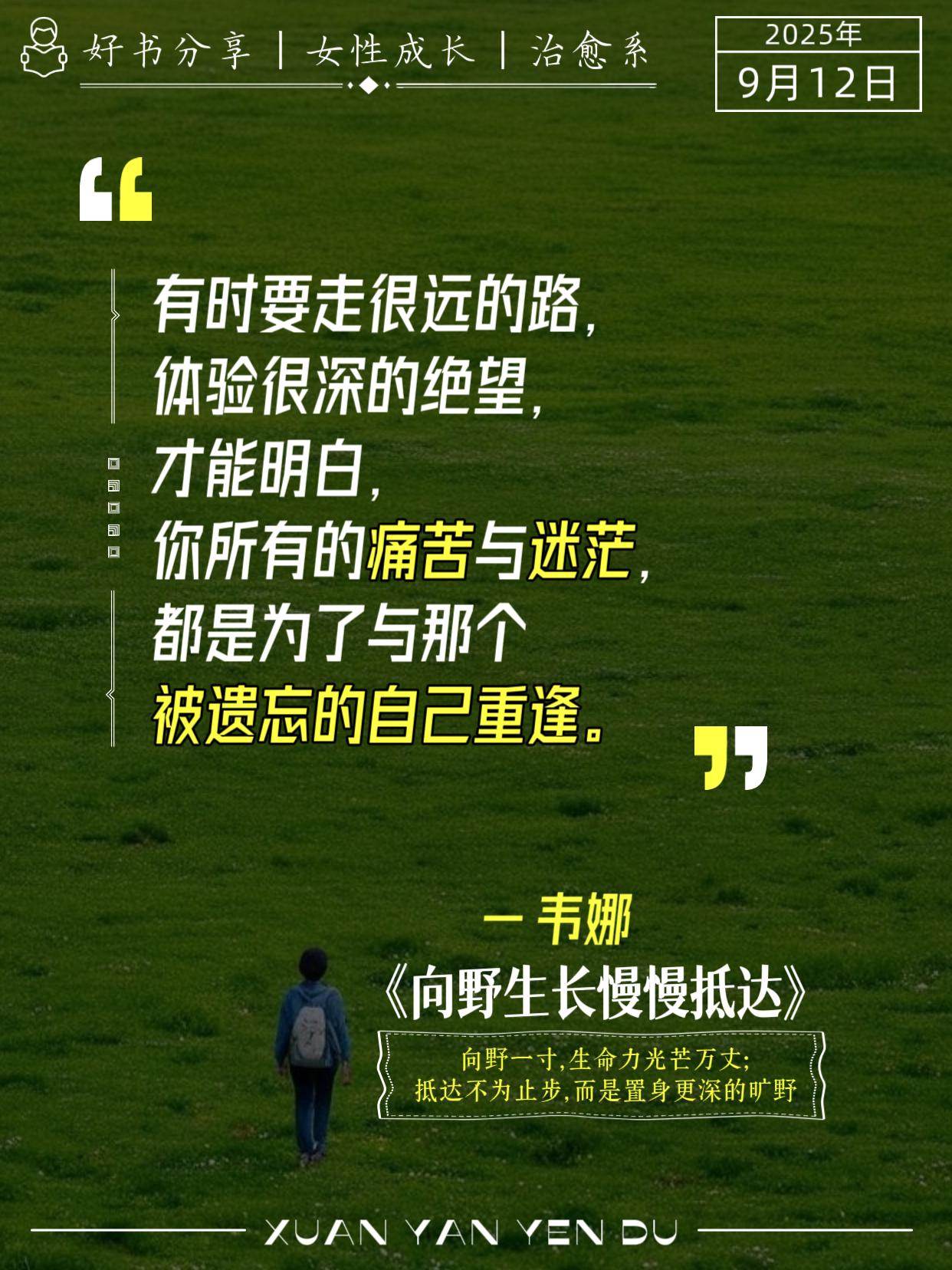 人在痛苦的时候会成长得格外快,大脑和身体会高速旋转,来想办法应对。”——韦娜把这句话印在第1章的开头,我却在第7次失眠的凌晨才真正读懂。 它不是打鸡血的宣言,而是一本“低谷急救手册”。 全书47篇短文+手绘漫画,韦娜把“焦虑、自我攻击、我不配”拆成一张张便签,再配漫画创可贴,帮你一条一条撕掉。请把这本《向野生长,慢慢抵达》放在枕边——它不会催你快跑,只会轻轻说: “缓步徐行,允许自己慢慢变好,终会与独属于你的辽阔风景迎面相逢。” 所有正在焦虑、正在怀疑自己走错了路的朋友,都去读读韦娜的这本《向野生长,慢慢抵达》。翻开的瞬间,你就被温柔接住。#自我成长 #不被定义的女性力量 #自我提升#向野生长慢慢抵达 #韦娜