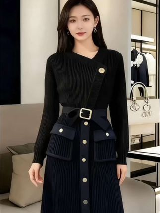 2025秋冬季韩系小众高级感气质针织上衣通勤风显瘦黑色半身裙套装