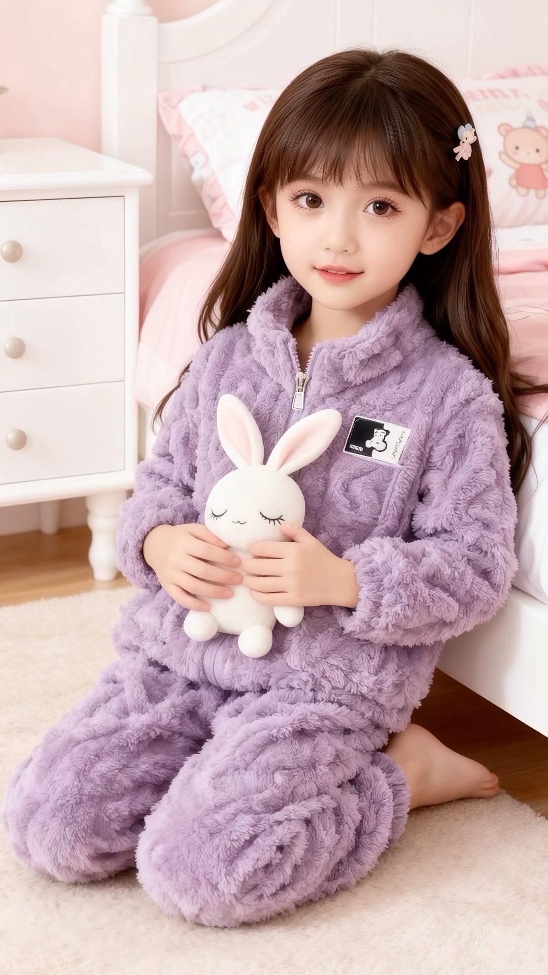 紫绒里的软糖时光  淡紫绒睡衣是揉碎的晚霞,裹着她像颗暖烘烘的软糖。指尖蜷在兔子玩偶的绒毛里,连呼吸都浸着甜。发夹上的小装饰,是藏在发梢的星星。  她坐在绒毯上,身后的床沿浸着粉调的光,连空气都蓬松得像刚拆封的棉花糖。童年的温柔从不是大张旗鼓——是一件裹满暖意的睡衣,一只闭眼的兔子,把所有细碎的欢喜,都焐成了掌心的温度。  你童年里那件最软的衣服,现在还留着吗?#高品质童装 #儿童家居服 #家居服套装 #生女儿就是用来打扮的 #家居服分享