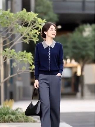 拼色娃娃领洋气显瘦针织上衣女春秋装薄款毛衣气质百搭打底假开衫#气质百搭 #时尚洋气 #时尚气质穿搭 #穿出女人味