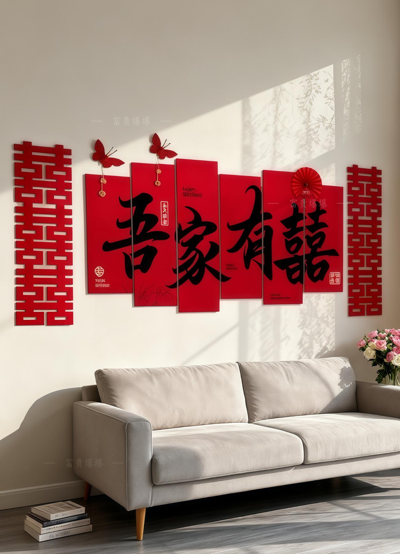 结婚布置套装客厅卧室床头全套喜字新婚婚礼。- 全场景覆盖:包含大小不一、款式多样的喜字贴,适配客厅沙发背景墙、卧室床头、门窗等男女方婚房关键区域,无需额外搭配,一套搞定全屋喜庆氛围。 - 高颜值显质感:喜字采用烫金、植绒、镭射等工艺,搭配红金、粉白等经典婚礼配色,既有传统中式的庄重,又不失现代设计的精致,拍照自带氛围感滤镜。 - 易贴易拆无残留:背胶粘性适中,粘贴牢固不易脱落,婚礼后拆除也不会在墙面、家具上留下胶痕,轻松打理不费心。 #红色喜庆 #婚房布置 #婚房装饰 #喜字 #婚房装修
