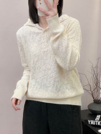 连帽蕾丝花边勾花欧根丝针织衫春秋季新款上衣宽松韩版打底帽衫女