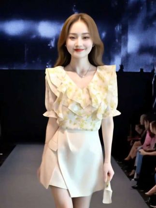 拉夏贝尔碎花V领雪纺衬衫,2025甜美荷叶边短袖洋气漂亮小衫上衣#小个子女生穿搭分享 #雪纺衫 #清纯甜美 #洋气减龄 #时尚百搭
