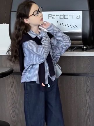 女童气质秋装,条纹披肩衬衫中大童女童秋装衬衫上衣