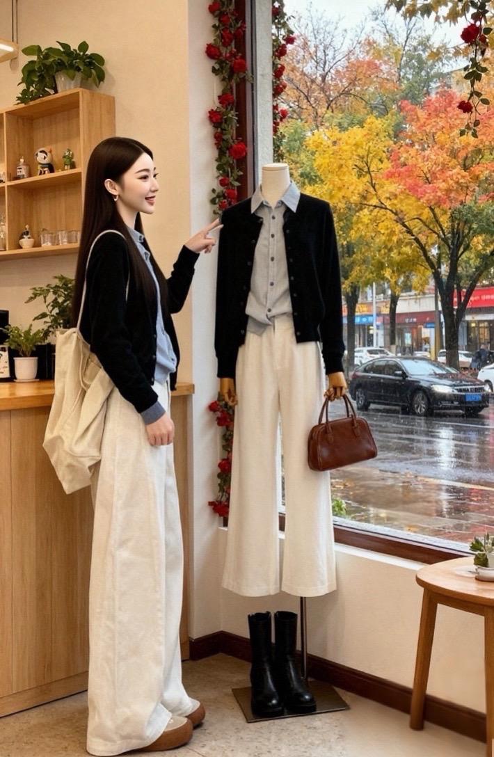 雨滴在橱窗画下透明诗行。 午后街头,与艺术撞个满怀#高级感穿搭 #ootd穿搭 #韩系穿搭 #氛围感穿搭 #今日穿搭look