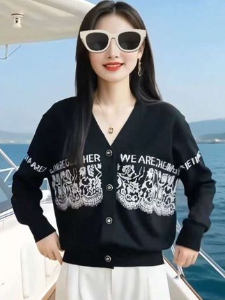 哥弟阿玛施正品V领开衫精仿印花针织衫上衣宽松百搭长袖女装薄款