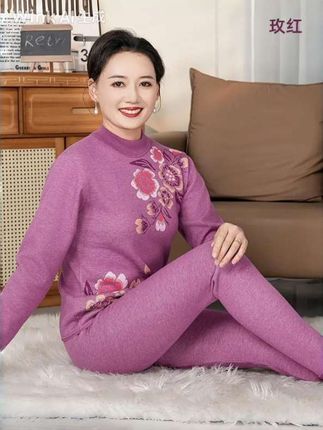 妈妈保暖内衣女士加厚加绒老年人印花老人秋衣秋裤秋冬季套装