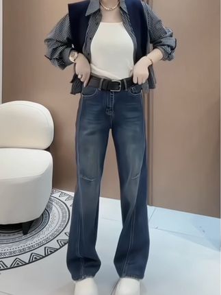 2025秋季新款牛仔裤女大码显瘦窄版直筒拖地裤遮肉时尚减龄阔腿裤