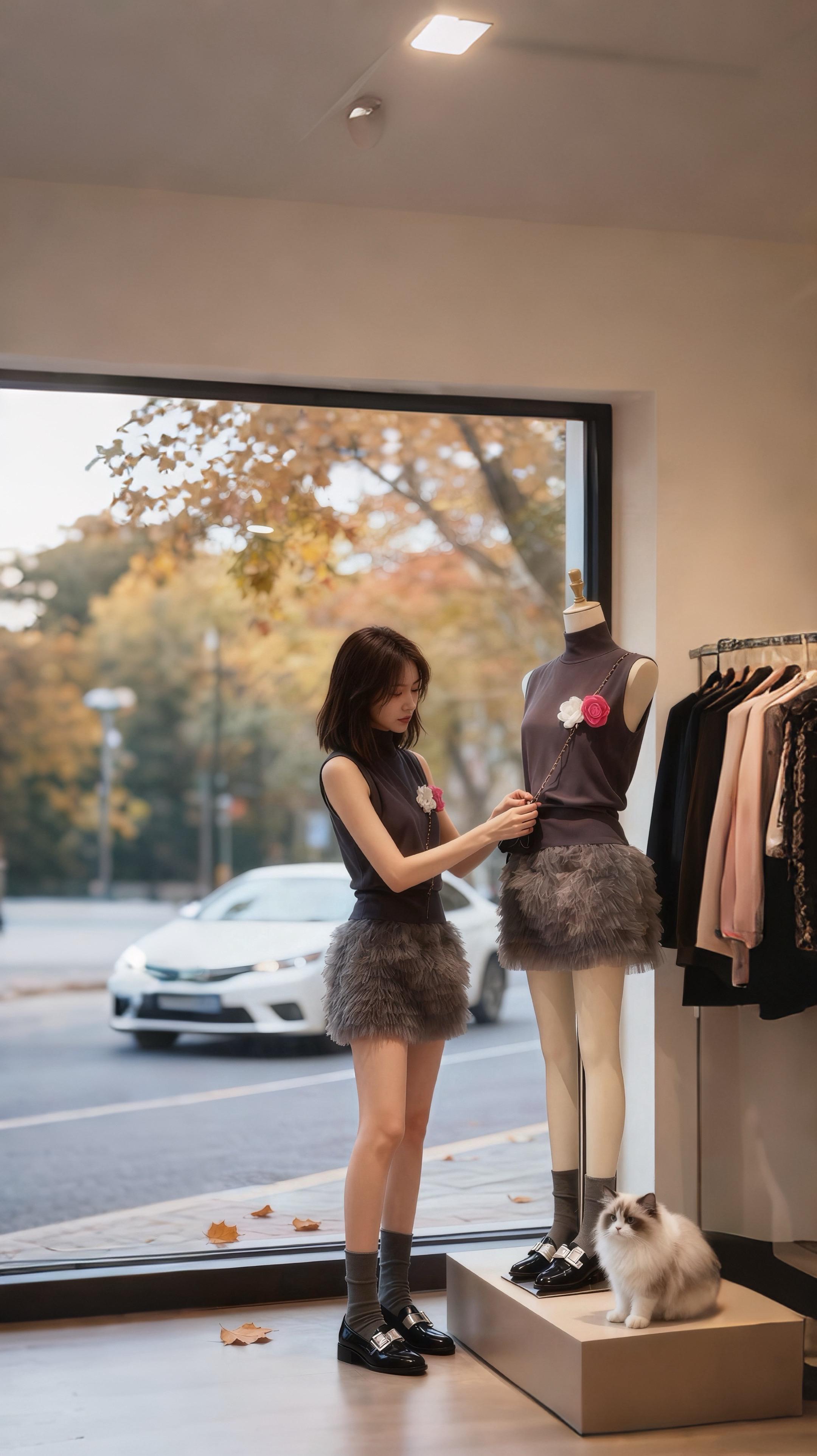 《秋装与猫与他》 林晚的服装店开在梧桐叶落的街角,她总抱着布偶猫“泡芙”在店里打转,给模特调整那朵山茶花的位置。 那天,他推门进来,风衣上沾着秋意。“这件皮衣,”他指尖落在她身上同款的黑色皮衣上,目光却看向她怀里的猫,“和你很配。” 他成了常客,总在傍晚来,看她给泡芙梳毛,看她在暮色里给新到的裙子别上胸针。后来,他不再只买衣服,会带一束向日葵,说“像你店里的光”;会在她抱着泡芙靠窗时,拍下她和满街金黄的画面。 秋深时,他穿着她挑的毛衣,她抱着泡芙,两人站在橱窗前,落叶簌簌,像一场无声的告白。原来爱情,就藏在每一次试衣的默契、每一次猫咪的亲昵,和每一片秋阳里。#韩系穿搭 #纯欲风穿搭 #高级感穿搭 #早秋冷冽又随性的气质穿搭 #森系少女感穿搭
