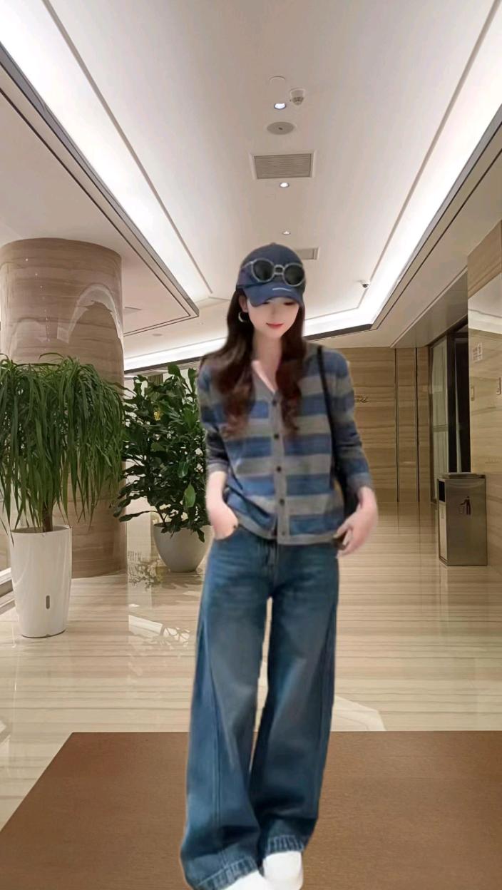 #秋季穿搭一整套#纹针织开衫#阔腿牛仔裤#休闲穿搭两件套女