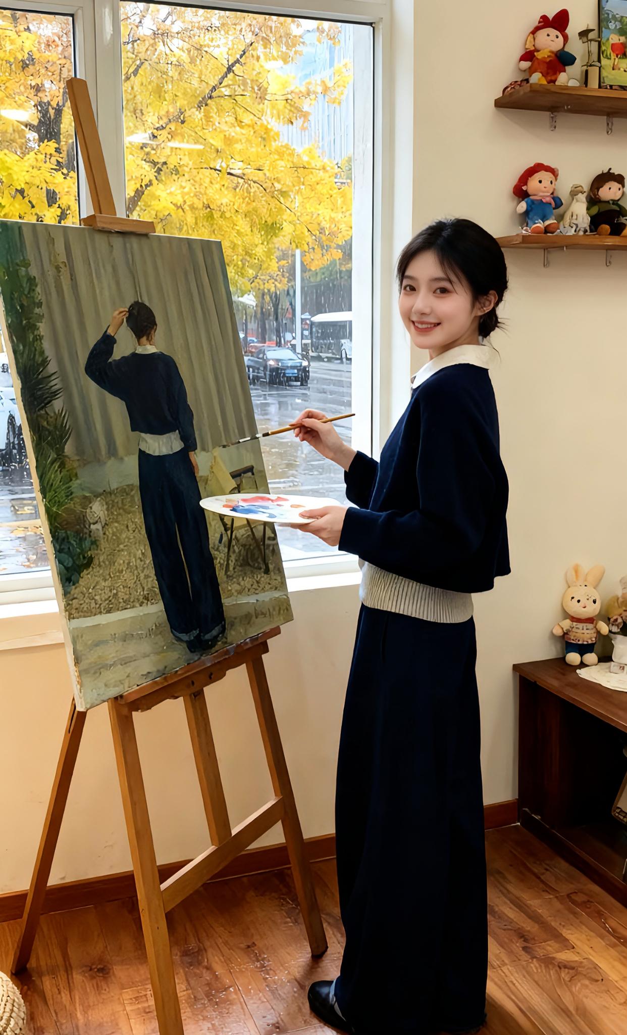 《画室暖阳》   秋日午后,画室的玻璃窗将金黄树影筛成光斑。林屿握着画笔,转头时笑靥像盛了一捧阳光。   沈翊推门进来,就见她穿着藏蓝套装,白 collar 衬得肌肤透亮,正对着画布上的背影轻描。   “在画谁?”他走上前,嗓音温柔。   林屿回眸,梨涡浅浅:“画……一个让我觉得,秋天都变得甜滋滋的人。”   窗外细雨簌簌,室内却因她的笑,满是暖意。沈翊指尖拂过她的发梢,心像被这甜美阳光浸得软绵,“那这人,一定很幸运。”   她眨眨眼,画笔在调色盘上蘸了点橘色,“是啊,就像我遇见了你。”#温柔穿搭 #精致穿搭 #文艺小清新 #小个子穿搭 @DOU+小助手