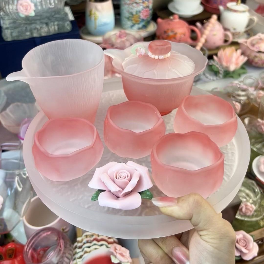 #玻璃茶具套装 #玻璃茶具套装家用 #女性茶具套装 #女性茶具 #粉色玻璃盖碗