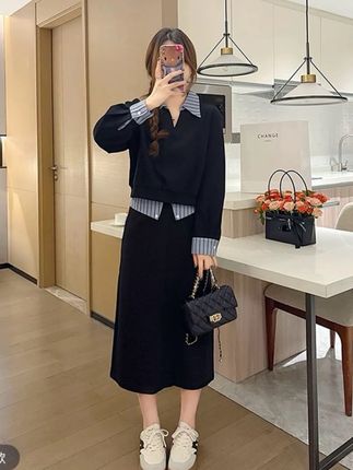 时尚减龄显瘦撞色V领上衣+A字半身裙两件套套装6108#今日穿搭 #女装 #高级感穿搭 #气质美女穿搭 #显瘦搭配