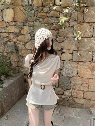 荡领显瘦假两件钩花吊带针织衫女宽松短袖露肩上衣2025夏季百搭#夏季穿搭 #显高显瘦 #假两件 #针织衫 #露肩上衣