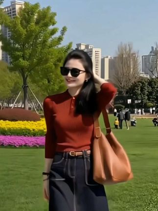 复古红色polo领长袖针织衫女秋冬可外穿高级感显瘦内搭打底衫上衣#打底衫#针织衫#长袖上衣秋冬穿搭#小个子穿搭