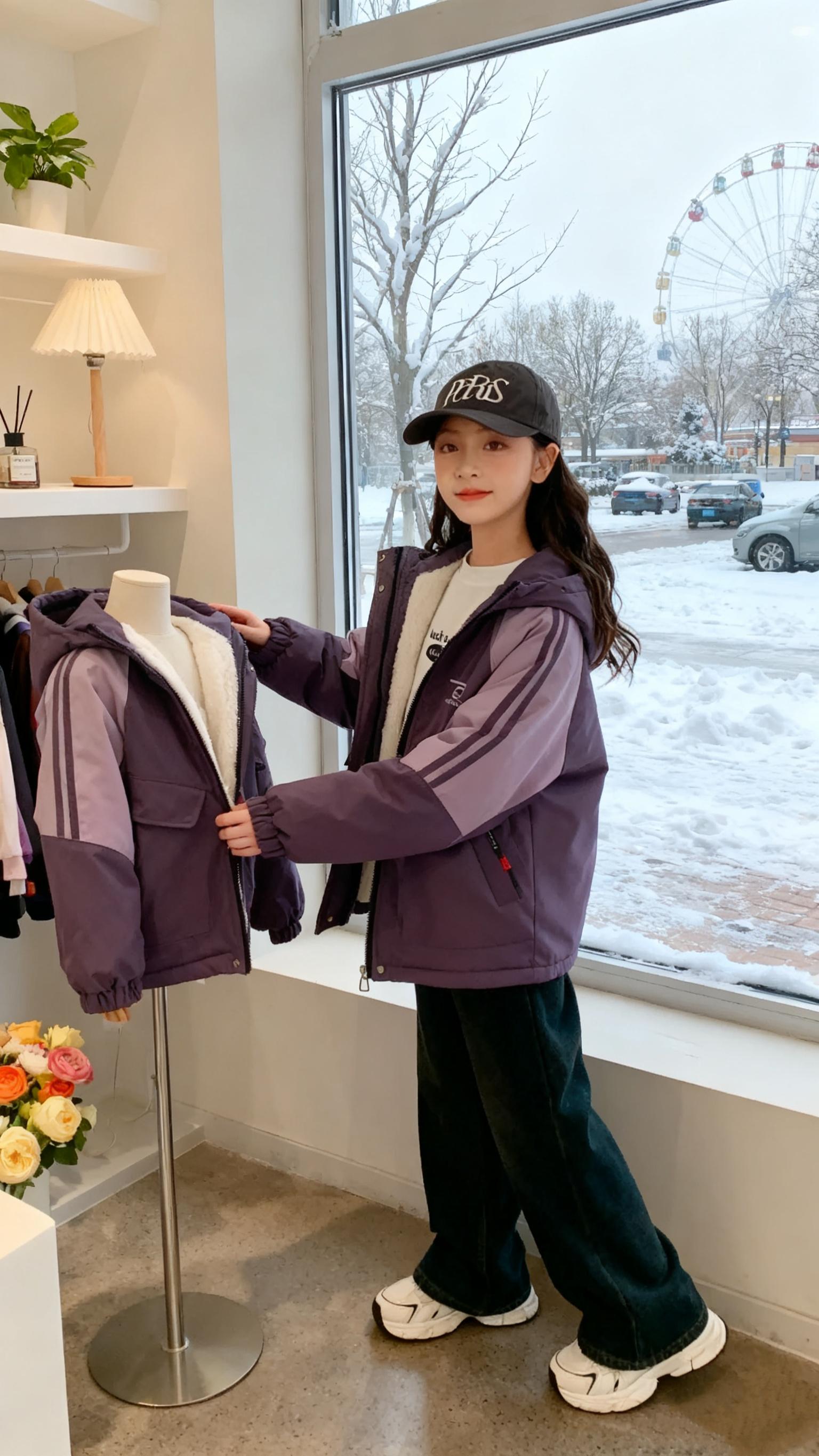 冬日元气小暖衣   当雪花给摩天轮镀上银边,这件紫调拼色儿童棉加绒冲锋衣,成了童年冬日里亮眼的小太阳。   它似把柔软的云朵穿在身上,撞色设计活泼又吸睛,内里的暖绒悄悄把寒意挡在门外。画室里握画笔时,它是自在创作的“铠甲”,让灵感在暖乎乎的氛围里疯长;摆弄多肉的午后,它的宽松版型容得下所有童真小动作;就连指着窗外雪景的瞬间,它也用鲜亮色彩,把俏皮都写进冬的扉页。   无需笨重,便能陪孩子在每个冬日场景里撒欢——画画、侍弄植物、观察雪景,它都像贴心的玩伴,以轻盈质感承载所有童趣,让凛冽寒冬,也成了满是欢笑的温暖童年。#女童加绒加厚冲锋衣#女童冬季保暖外套#女童防风冲锋衣