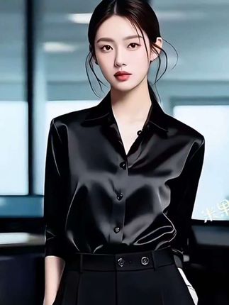 黑色缎面衬衫,如夜幕般神秘,勾勒出利落的线条。✨💼 #气质女神穿搭 #穿出你的时尚感觉
