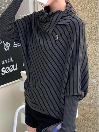 松弛感穿搭女早秋2025新款慵懒风复古条纹蝙蝠袖宽松高领针织上衣#今日穿搭 #时尚穿搭 #显瘦搭配 #秋季穿搭 #气质穿搭
