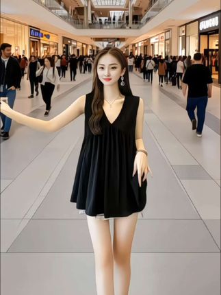 大码超好看中长款黑色背心女夏季2025新款设计感胖mm无袖V领上衣#大码女装 #夏日中性风穿搭日记#夏日度假穿什么#夏日穿搭主打宽松感