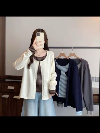 2025秋装新款胖mm大码女韩系假两件显瘦减龄长袖针织上#大码女装