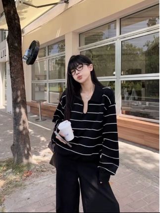 韩系翻领条纹针织衫女秋季新款时尚宽松百搭毛衣慵懒风松弛感上衣#温柔穿搭 #春秋穿搭 #休闲穿搭 #慵懒风上衣女 #秋季上衣女