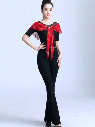 拉丁舞新款套装练功服女成人气质圆领跳舞交谊舞摩登舞演出形体服