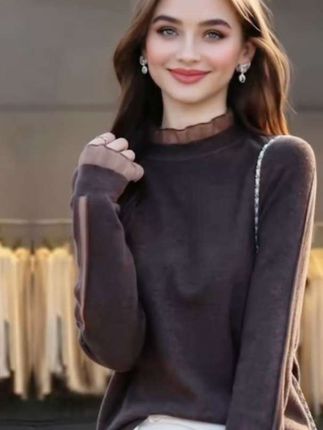 【蕾丝打底衫女春秋大码薄款毛衣宽松遮肚子显瘦洋气长:/ 袖针织衫上衣#春秋穿搭 #时髦穿搭 #减龄气质 #上衣穿搭 #内搭外穿都好看