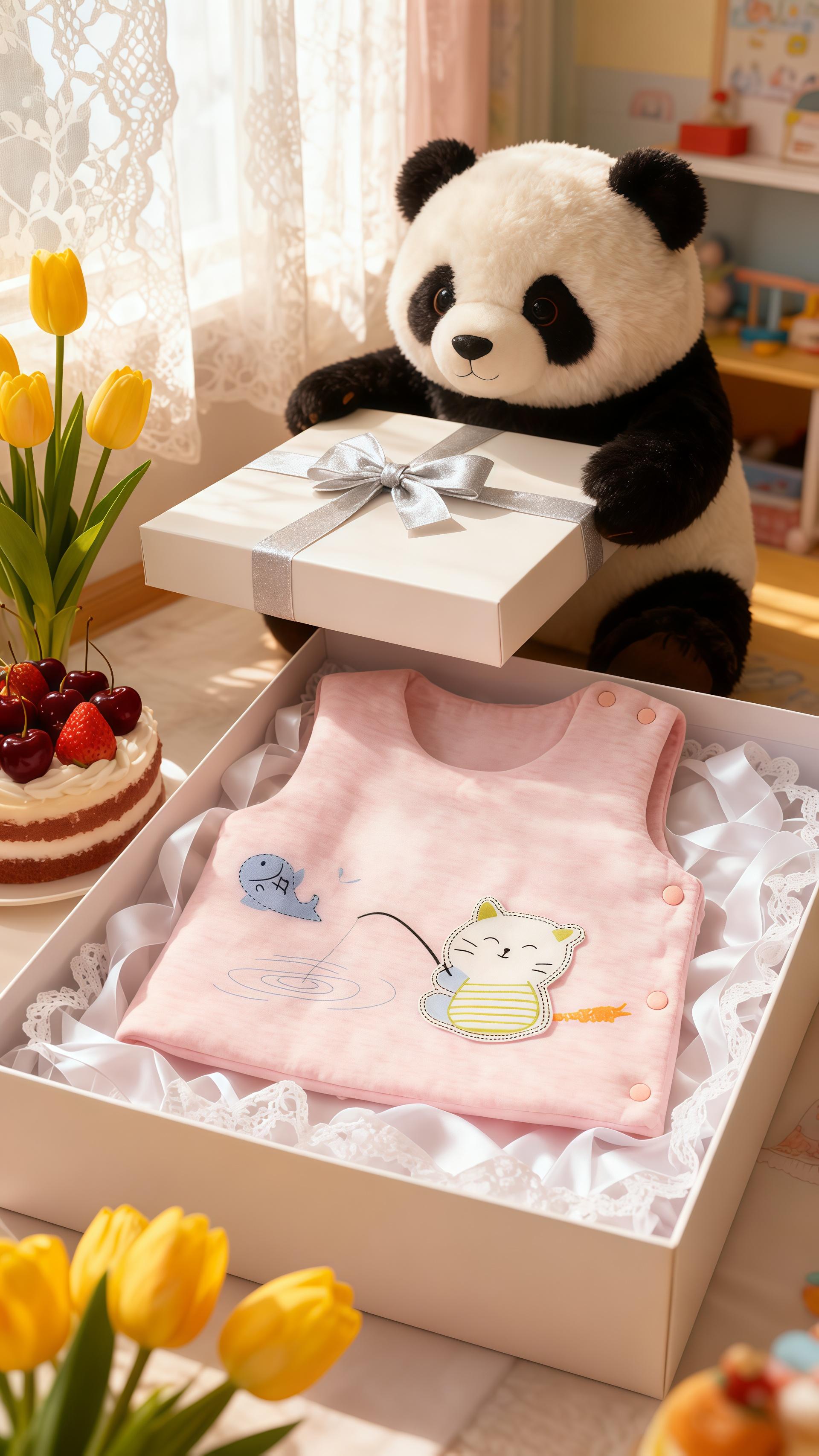 《喵咪钓来的温暖小礼》午后的儿童房里,阳光顺着蕾丝窗帘的褶皱跳进来。米白色礼盒里,那件粉色马甲静静躺着,小猫钓鱼的图案鲜活又可爱。 银色蝴蝶结在礼盒盖上闪着光,熊猫玩偶、车厘子蛋糕和郁金香把这里衬得像个童话小世界。这是新手妈妈晓冉给女儿准备的第一个春天礼物,她想象着女儿穿上马甲,像只软萌的小奶猫,在草地上追着蝴蝶跑,笑声清脆得能把春日的风都甜化。#婴童服装 #好物推荐🔥 #母婴好物推荐 #宝宝衣服 #宝宝马甲
