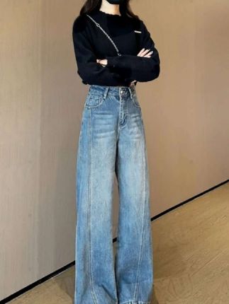 深蓝色复古高腰阔腿牛仔裤女宽松遮跨显瘦百搭百搭拖地弯刀裤子潮#显高显瘦显腿长 #时髦穿搭 #个性穿搭 #牛仔穿搭 #出游穿搭
