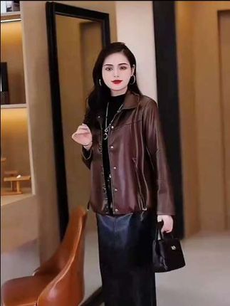 海宁皮衣女真皮夹克外套2025春秋新款短款时尚收腰翻领#时尚气质穿搭 #简约大气