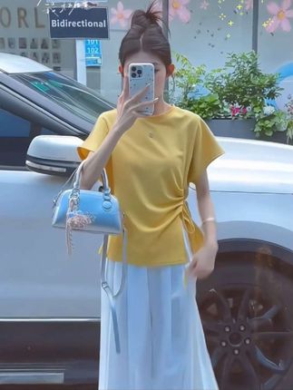 #夏装新款 韩式设计款绑腰收腰袖口翻边短袖宽松T恤衫上衣不规则高腰#小个子显高显瘦穿搭 #简约穿搭 #今年最流行穿搭 #温柔风穿搭
