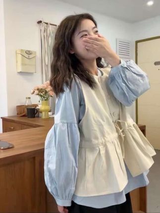 甜美风套装女减龄蝴蝶结系带圆领马甲衬衣叠穿长袖衬衫两件套女潮#叠穿 #两件套 #甜美风#长袖衬衫 #马甲背心搭配
