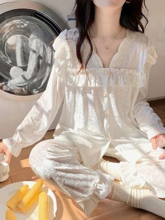 【自带胸垫】轻奢金丝绒家居服套装,春秋新款长袖大码仙女风家居服套装#睡衣套装 #睡衣家居服 #家居服 #金丝绒睡衣 #可外穿睡衣